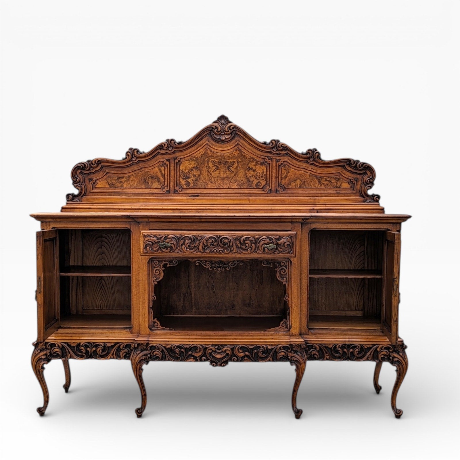 Continental Walnut Carved Sideboard Cabinet with Sculptural Apron — view 11 of 16