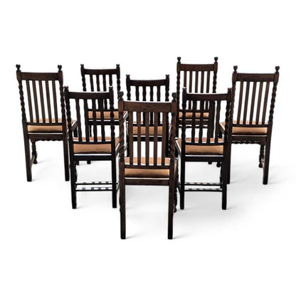 Eight Antique Dining Chairs – Vintage Wooden Chairs, Set of 8, Oak, Barley Twist, Rustic, Farmhouse, Traditional, Dining, Kitchen