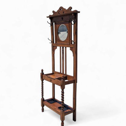 Antique Oak Hall Tree with Mirror, c. 1900s