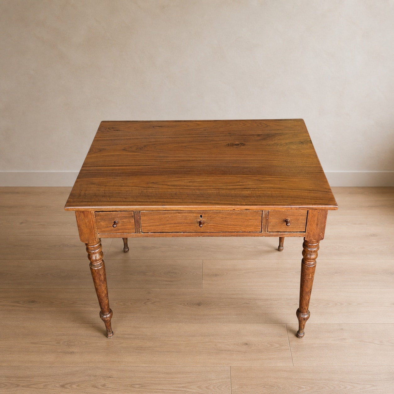 Antique Walnut Three-Drawer Writing Desk with Turned Legs — view 7 of 16