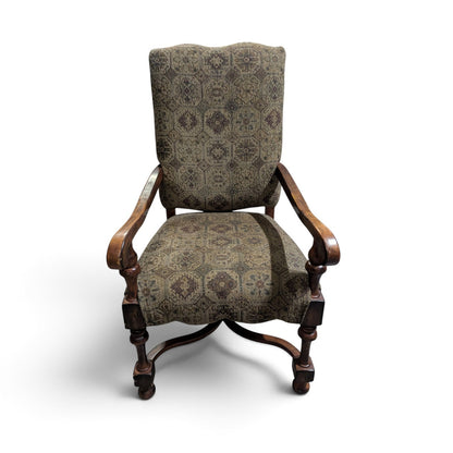 Louis XIII-Style High-Back Wood Armchair with Tapestry Upholstery