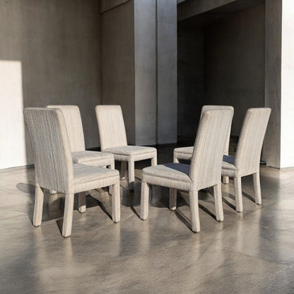 Set of 6 Postmodern 1980s Dining Chairs – Cream Textured Fabric w/ Subtle Color Flecks, Sculptural Silhouette