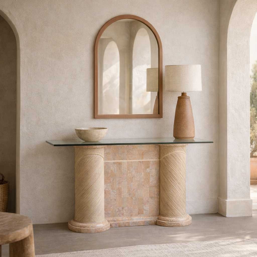 Postmodern Entryway Glass Console Table, c. 1980s