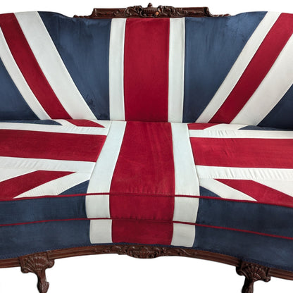 Vintage Union Jack Upholstered Sofa with Ornate Carved Wood Frame