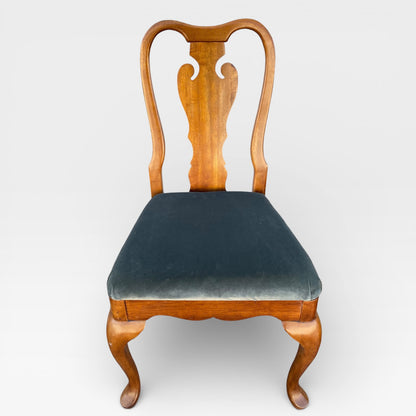 Set of Six Antique Queen Anne Walnut Dining Chairs with Slate-Blue Upholstery