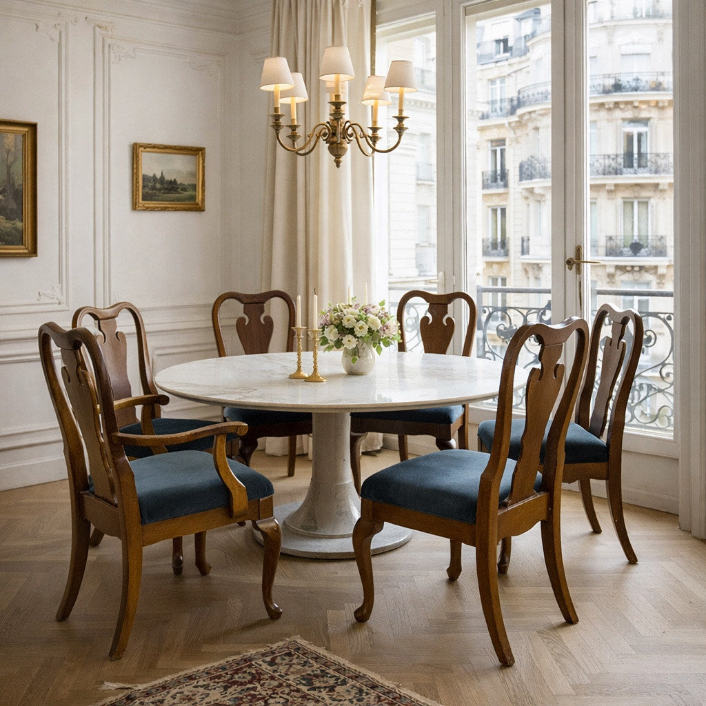 Set of Six Antique Queen Anne Walnut Dining Chairs with Slate-Blue Upholstery