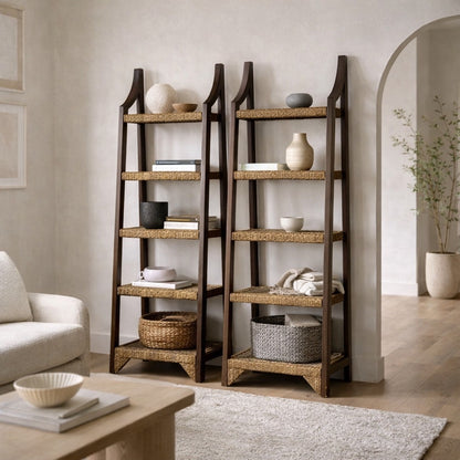 Pair of Sculptural Wooden Étagère Shelves with Woven Rush Shelves, Mid-20th Century