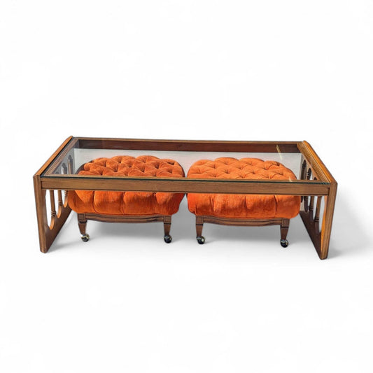 Mid Century Coffee Table with Pair of Tufted Orange Velvet Ottomans