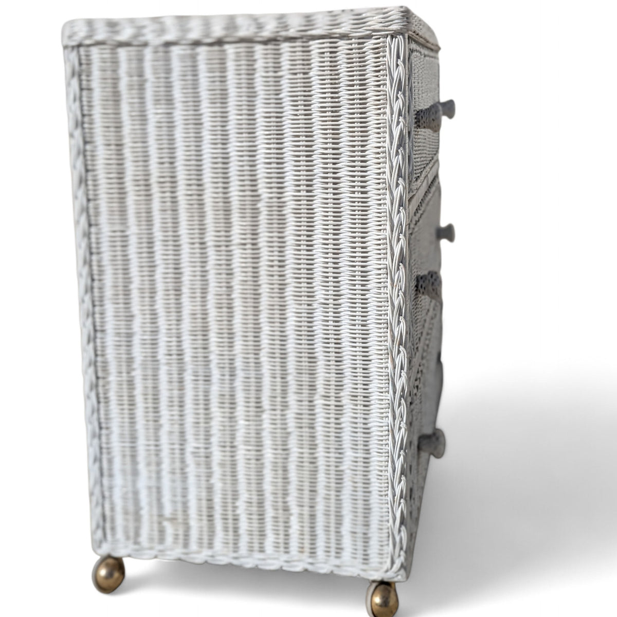 Vintage White Woven Wicker Three-Drawer Chest on Casters