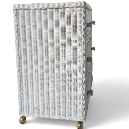 Vintage White Woven Wicker Three-Drawer Chest on Casters