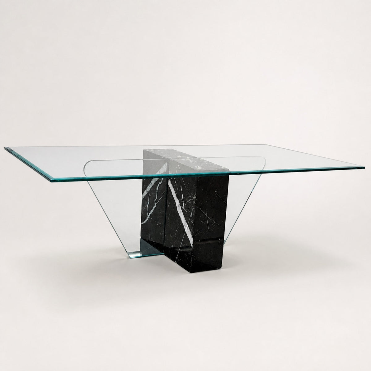 Unique Coffee Table, Marble Base, Geometric, Unique, Rectangular Glass Top, Postmodern, Mid Century