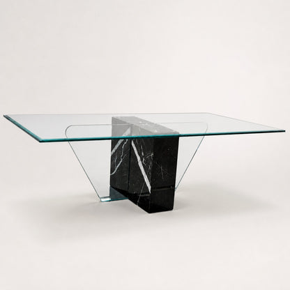 Unique Coffee Table, Marble Base, Geometric, Unique, Rectangular Glass Top, Postmodern, Mid Century
