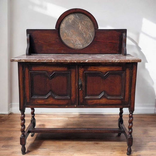 Antique Marble-Top Washstand – Oak with Barley Twist Legs and Round Marble Back, Early 1900s English