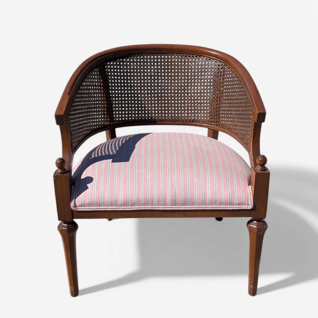 1970s Regency-Style Wood and Cane Barrel-Back Armchair
