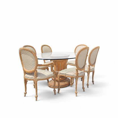 Vintage Carved Wood Oval Glass Dining Set with Six Upholstered Chairs