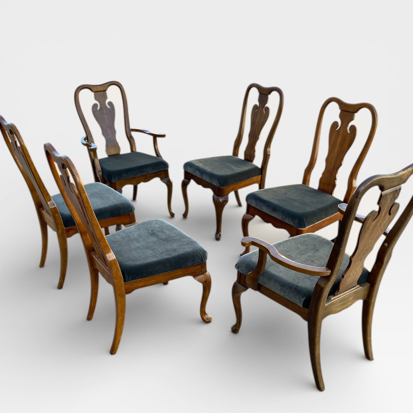 Set of Six Antique Queen Anne Walnut Dining Chairs with Slate-Blue Upholstery
