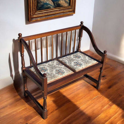 Vintage Spindle Back Wood Settee – Floral Upholstered Bench with Curved Arms, Entryway or Hall Seating
