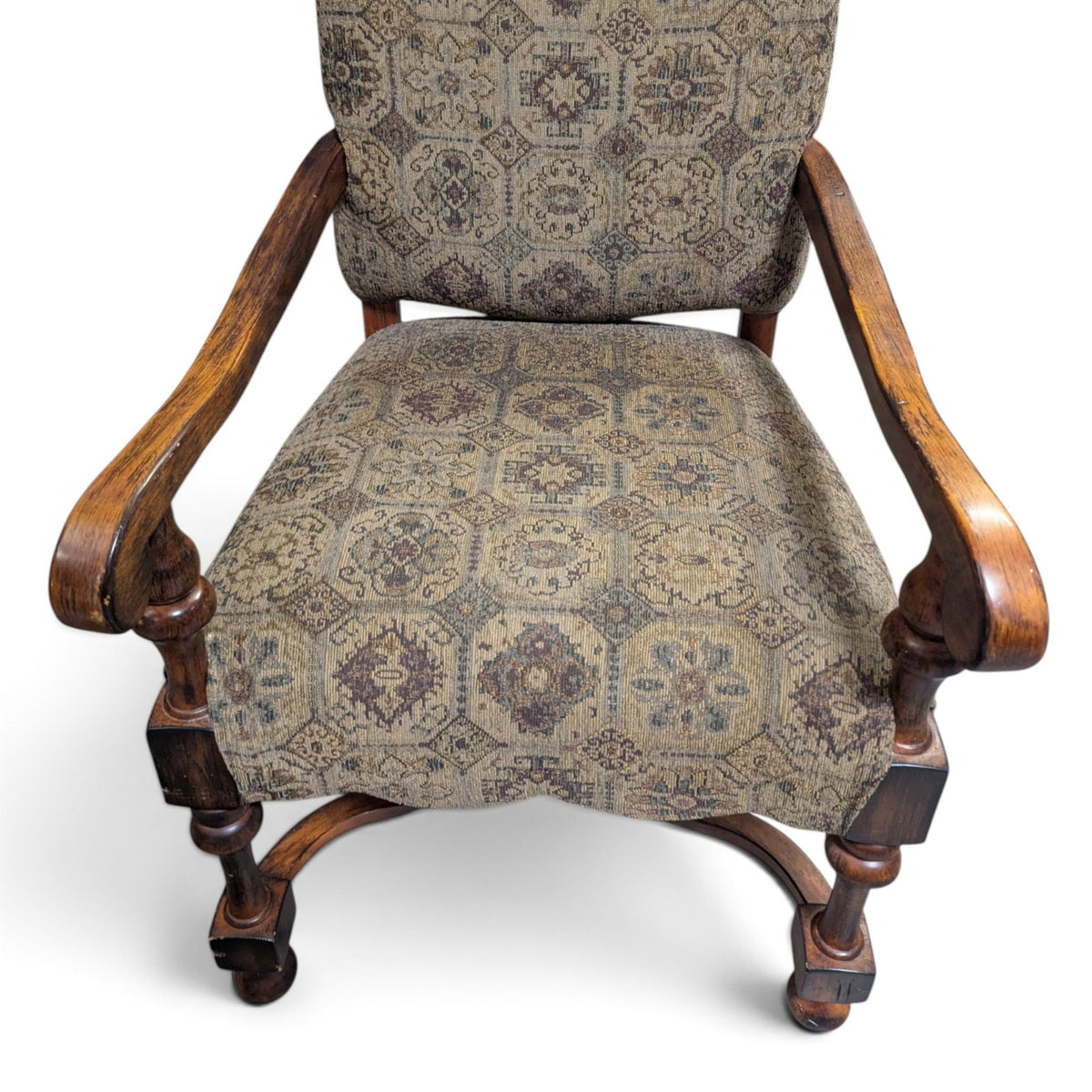 Louis XIII-Style High-Back Wood Armchair with Tapestry Upholstery