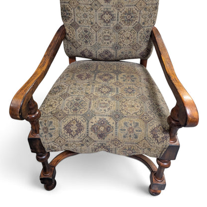 Louis XIII-Style High-Back Wood Armchair with Tapestry Upholstery