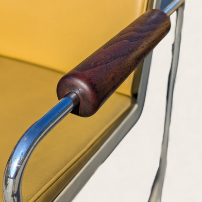 Set of 8 Vintage Krueger Armchairs – 1970s Office Chairs w/ Yellow Seats, Chrome Frames & Wood Arms, MCM Industrial