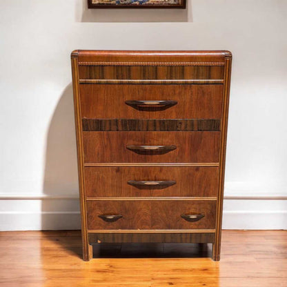 Art Deco Tallboy Waterfall Dresser – Vintage Wooden Dresser, Birds Eye Maple Drawers, Classic Storage Furniture