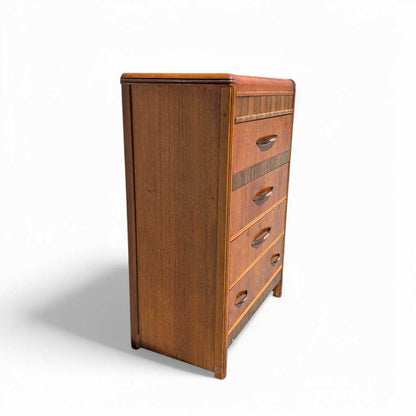 Art Deco Tallboy Waterfall Dresser – Vintage Wooden Dresser, Birds Eye Maple Drawers, Classic Storage Furniture