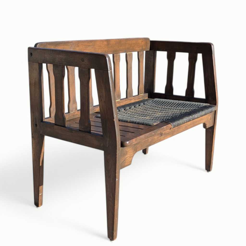 Mid-Century Wood Bench with Black Woven Strap Seat — view 10 of 15