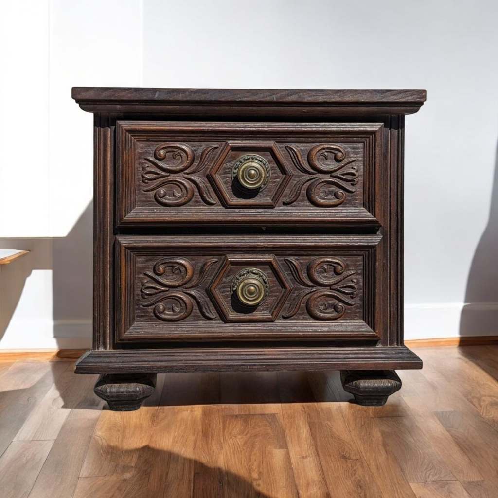 1970s Spanish Gothic Revival Carved Wood Nightstand with Brass Hardware — view 1 of 13