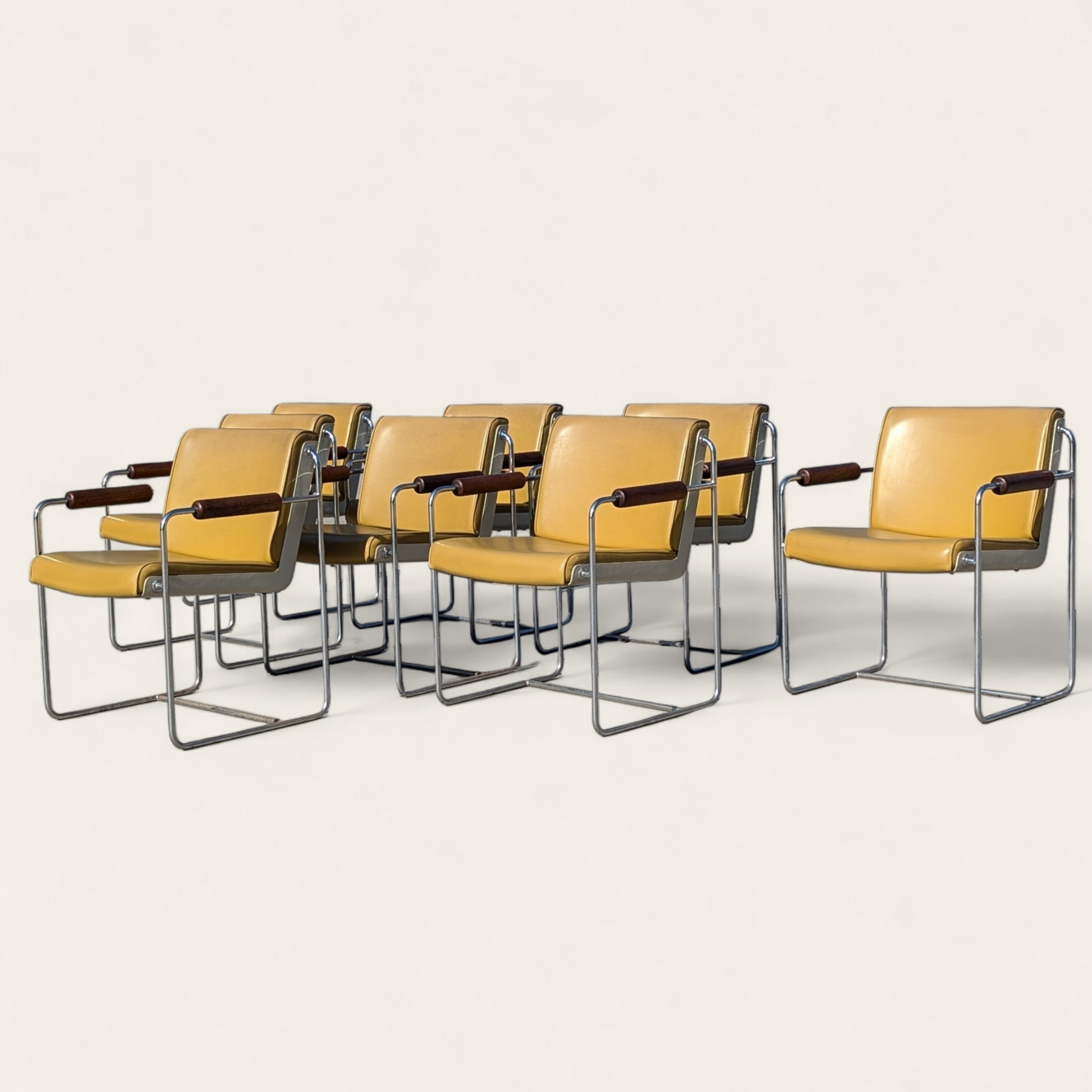 Set of 8 Vintage Krueger Armchairs – 1970s Office Chairs w/ Yellow Seats, Chrome Frames & Wood Arms, MCM Industrial