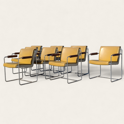 Set of 8 Vintage Krueger Armchairs – 1970s Office Chairs w/ Yellow Seats, Chrome Frames & Wood Arms, MCM Industrial