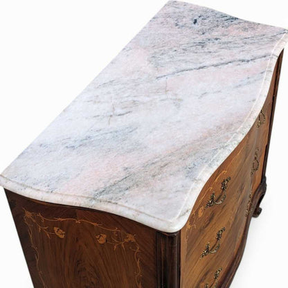 Vintage Louis XV Marble Top Commode – Bombe Chest w/ Drop Front Desk, Inlay Detail, French Style, 40" Wide