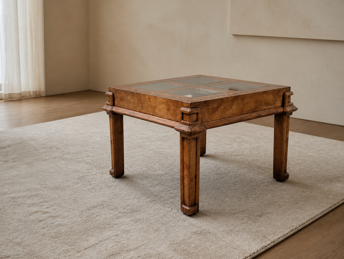 1970s Burl Wood and Smoked Glass Square Side Table — view 8 of 10