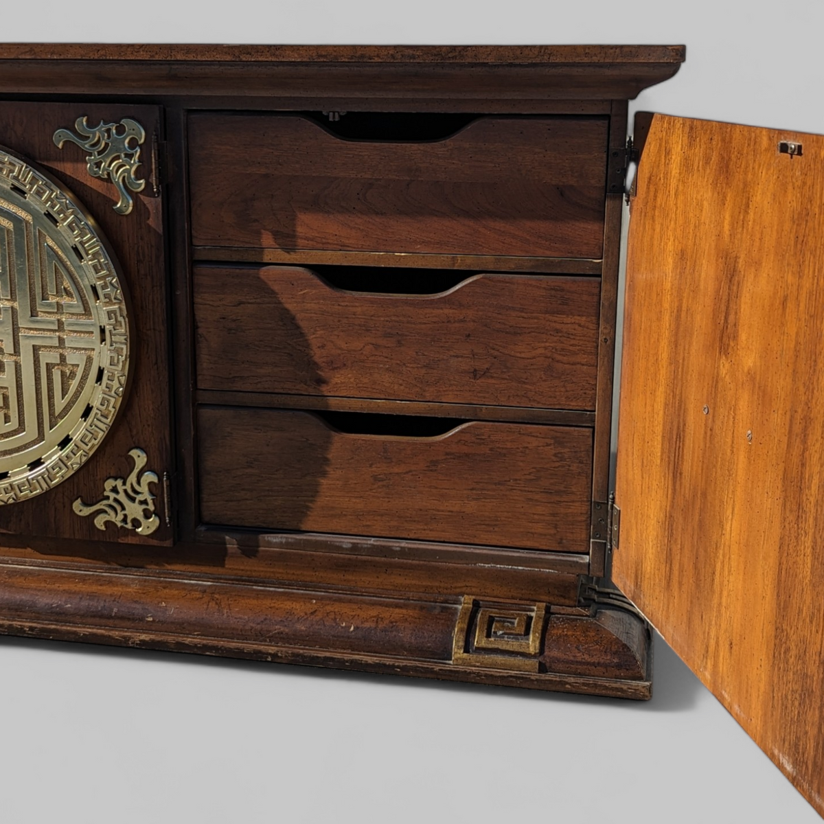 1970s Wood and Brass Lowboy Credenza with Geometric Paneled Front — view 3 of 7