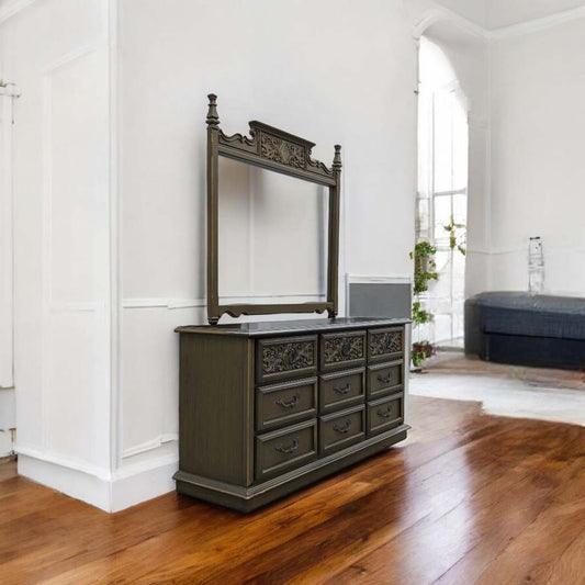 1970s Spanish Revival Carved Wood Nine-Drawer Lowboy Dresser in Olive Green — view 1 [CBV1 qRNvF2AdPC3Cw8Y08MTQ 01 112906a8-dfb8-4d43-9591-244cca255857.jpeg]