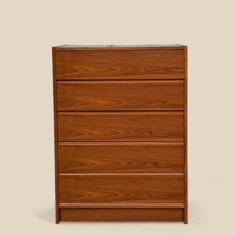 1960s Danish Modern Teak Five-Drawer Tallboy Dresser, Made in Denmark — view 2 [CBV1 IM0AA28QR54VCuTLu50N 02 114fef0b-3368-4707-8ca4-fd295c766df9.jpeg]