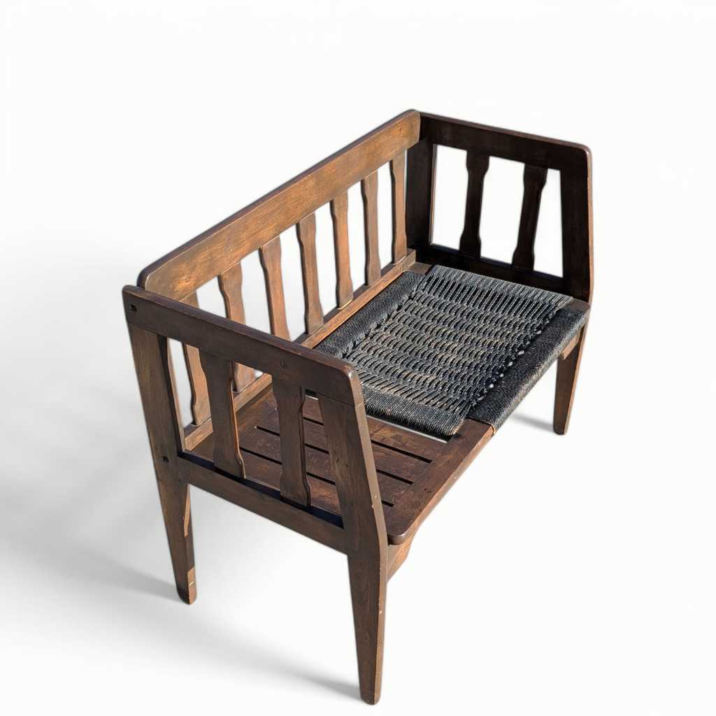 Mid-Century Wood Bench with Black Woven Strap Seat — view 12 of 15