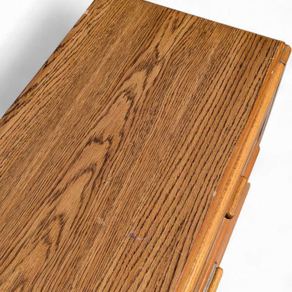 Vintage Laminate Dresser – Faux Oak Grain, Rattan Drawer Fronts, 6-Drawer Storage, 64" Long, 1980s Postmodern Style