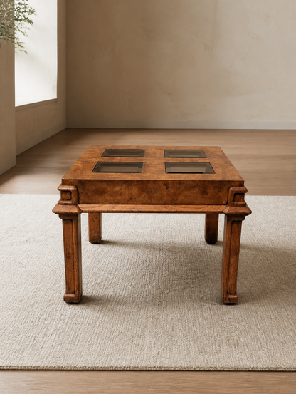 1970s Burl Wood and Smoked Glass Square Side Table — view 5 of 10