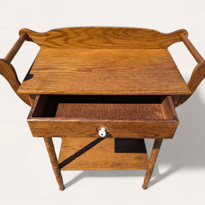 Antique Oak Washstand – 19th Century Early American Style Table w/ Towel Rack & Shelf, Farmhouse Accent