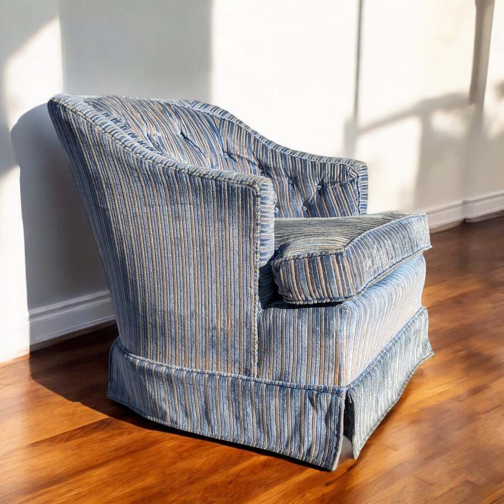 Vintage Blue Striped Velvet Swivel Lounge Chair, Late 20th Century — view 10 [CBV1 seDmQfmh8PmeMMHyzQFC 10 1819cb56-2483-42ab-98aa-184eb087370d.jpeg]