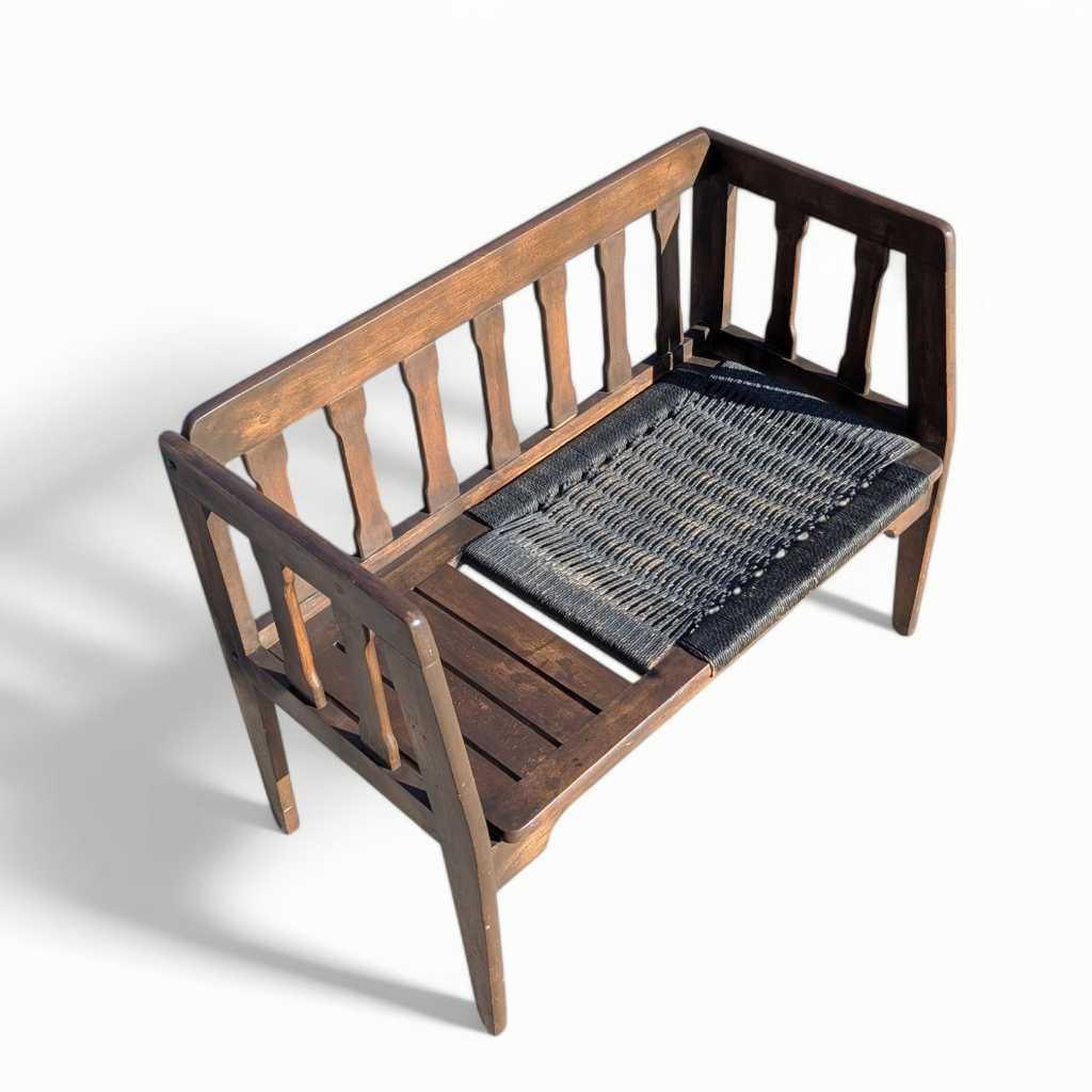Mid-Century Wood Bench with Black Woven Strap Seat — view 14 of 15