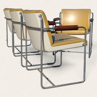 Set of 8 Vintage Krueger Armchairs – 1970s Office Chairs w/ Yellow Seats, Chrome Frames & Wood Arms, MCM Industrial