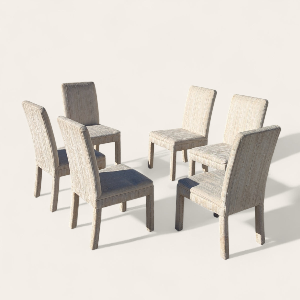 Set of Six 1980s Postmodern Sculptural Dining Chairs in Textured Cream Fabric — view 23 [CBV1 EYTrsF5VkReaS9GORcdf 23 1d7d85f3-c543-488d-b174-de767fcd7ef2.jpeg]