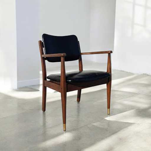 1950s Mid-Century Walnut Armchair by Gregson MFG Co | Italian Leather, Brass Accents, Modern Accent Chair
