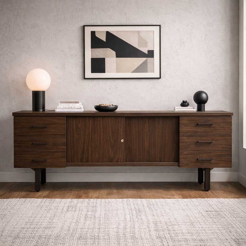 Mid-Century Walnut-Grain Laminate Credenza — view 1