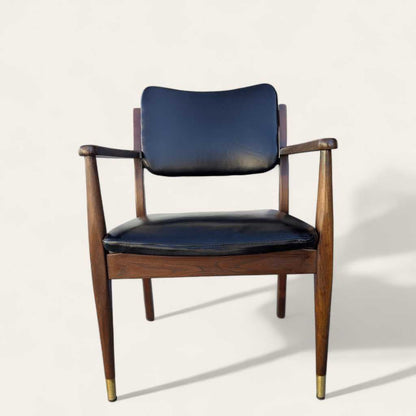 1950s Mid-Century Walnut Armchair by Gregson MFG Co | Italian Leather, Brass Accents, Modern Accent Chair