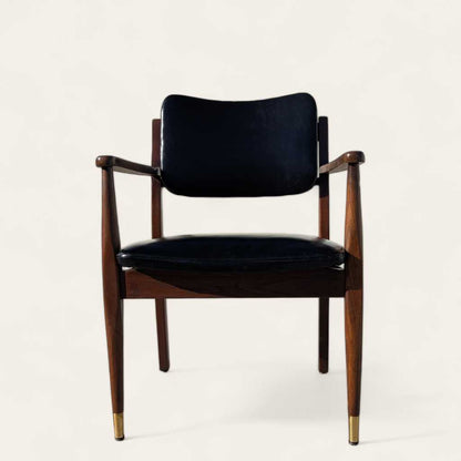 1950s Mid-Century Walnut Armchair by Gregson MFG Co | Italian Leather, Brass Accents, Modern Accent Chair