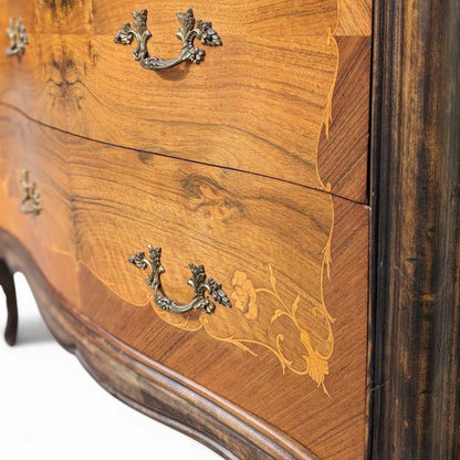 Vintage Louis XV Marble Top Commode – Bombe Chest w/ Drop Front Desk, Inlay Detail, French Style, 40" Wide