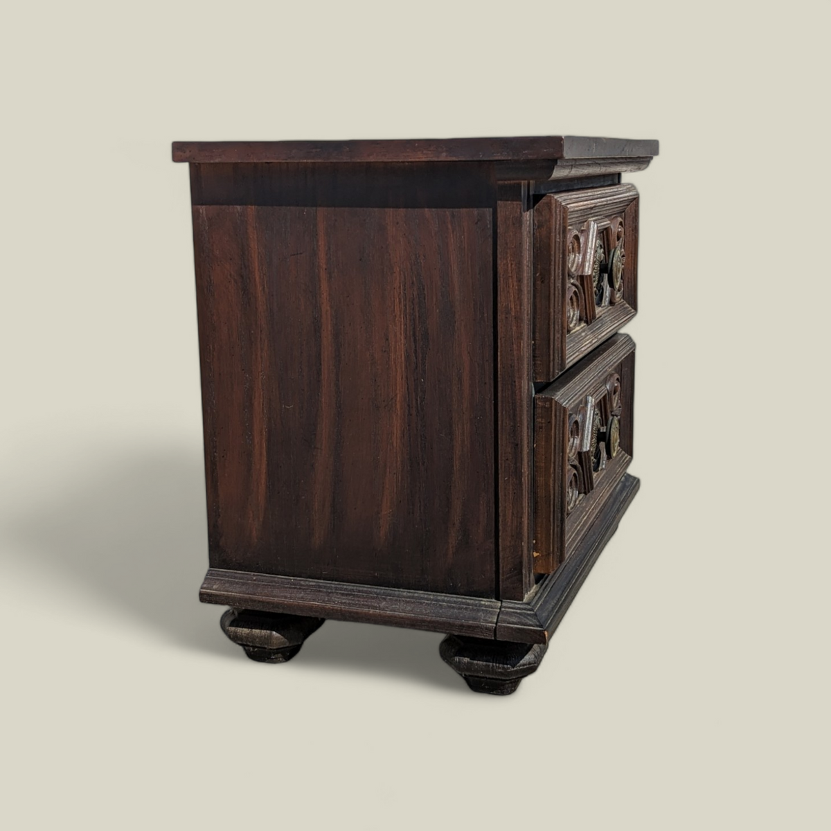 1970s Spanish Gothic Revival Carved Wood Nightstand with Brass Hardware — view 11 of 13