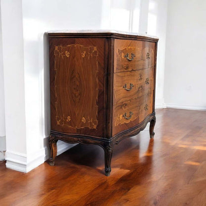 Vintage Louis XV Marble Top Commode – Bombe Chest w/ Drop Front Desk, Inlay Detail, French Style, 40" Wide